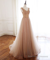 Champagne V Neck Tulle Beads Long Prom Dress Evening Dress