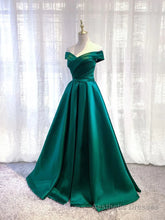 Charming Dark Green Satin Long Junior Prom Dress, Off Shoulder Evening Gown