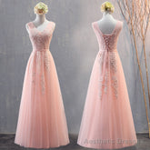 Charming Pearl Pink Tulle Simple Party Dress with Lace, V-neckline Long Formal Dress