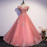 Charming Pink Off Shoulder Lace Applique Sweetheart Party Dress, Pink Prom Dress