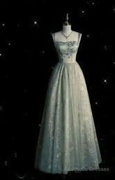 Charming Sage Green Long Tulle Lace Prom Dress A Line Party Evening Dress