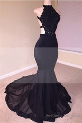Chic Black Open Back Lace Prom Dresses Sleeveless See Through Tulle Evening Gown
