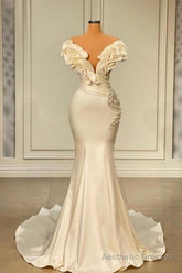 Classic White Long Pearl Ruffle Prom Dresses