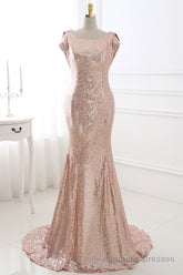COURTNEY Fit and Flare Sweep train Sequined Rosy Golden Prom Party Gowns