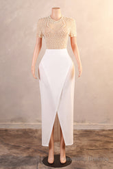 Crew Sheath Prom Dresses Ankle-Length Zipper Beads Split Side Short Sleeve Evening Dresses