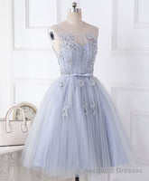Cute Gray Round Neck Lace Tulle Short Prom Dress, Homecoming Dress