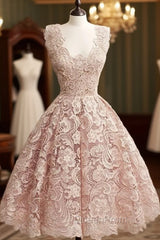 Cute Light Pink Lace Short Evening Prom Dresses, Lace Bridesmaid Dresses