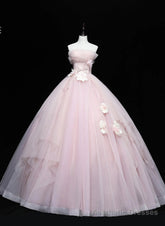 Cute Pink Ball Gown Tulle with Flowers Sweet 16 Dress, Pink Tulle Party Dress