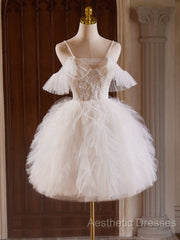 Cute Tulle Lace Light Champagne Short Evening Prom Dresses, Cut Homecoming Dresses