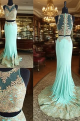 Cute Two Pieces Green Lace Mermaid Long Evening Prom Dresses, Evening Dresses