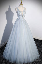 Cute V-Neck Tulle Long Prom Dress, Gray Evening Dress Party Dress