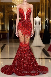 Red Mermaid Style Evening Prom Dresses with Sweetheart Sequins and Ruffle