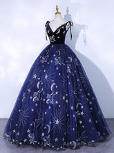 Dark Blue A-Line Tulle Lace Long Prom Dress, Dark Blue Long Formal Dress