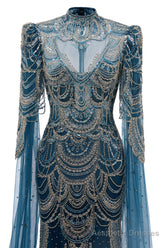 Dark Blue Mermaid Prom Dresses Beading Tulle Women Luxury Evening Dresses High Neck Long Sleeves