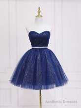 Dark Blue Sweetheart Neck Tulle Sequin Short Prom Dress Blue Puffy Homecoming Dress