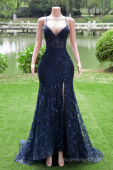 Dark Navy Blue Prom Dresses Long Sequins Mermaid Women Tulle Evening Dresses Spaghetti Straps