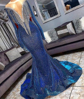 Luxury Navy Blue Long Sleeve Mermaid Prom Dresses, Sequines See Through Neckline Evening Dresses