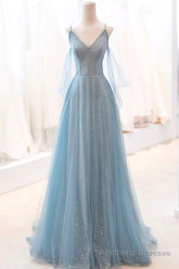 Dusty Blue Sparkly Tulle Long Prom Dress, A-Line Spaghetti Strap Evening Dress