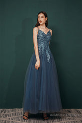 Dusty Blue Tulle A-line Low back Spaghetti strap Prom Dresses