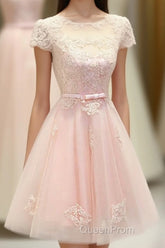 Pink Lace Tulle Short Evening Prom Dresses, Pink Evening Dresses