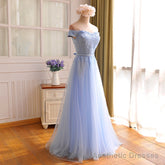 Elegant Light Blue Lace Applique Top Long Party Dress, Off Shoulder Bridesmaid Dress