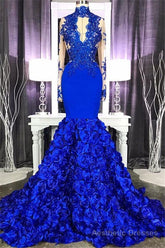 Elegant Long Sleeves Lace Appliques Prom Party Gowns on Sale Fit and Flare Royal Blue Floral Prom Party Gowns with Keyhole