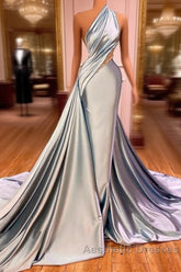 Elegant One Shoulder Mermaid Evening Prom Dresses Long Pleated with Beads
