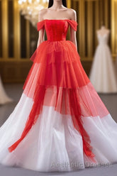 Red and White off the Shoulder Tired Evening Prom Dresses, Puffy Formal Party Dresses
