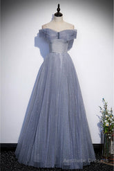 Fantasy Dusty Blue Bling Tulle Prom Dress Off Shoulder With Bling
