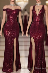 Long Mermaid Burgundy Sequin Evening Prom Dresses Glitter Split Evening Prom Gown