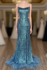 Long Sequined Blue Straps Evening Prom Dresses with Feather Hem