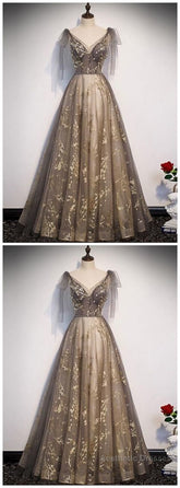 Elegant V Neck Gray Gold Tulle Lace Long Prom Dress, Tulle Formal Dress