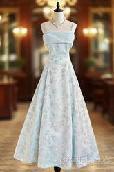 Gentle Blue A-Line Spaghetti Strap Satin Chiffon Long Evening Prom Dresses Birthday Dresses Graduation Evening Prom Dresses