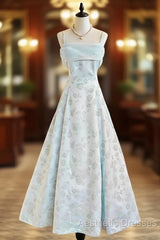 Gentle Blue A-Line Spaghetti Strap Satin Chiffon Long Evening Prom Dresses Birthday Dresses Graduation Evening Prom Dresses