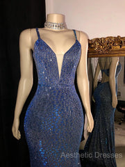 Glitter Mermaid Evening Prom Dresses Long Spaghetti Straps V Neck Open Back Formal Evening Party Gowns