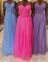 Glitter Sweetheart Sheer Corset A-Line Long Evening Prom Dresses