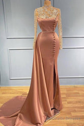 Goegeous Long Sleeves Mermaid Evening Dress Lace High-Neck With Buttons