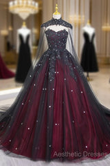 Gorgeous Black And Red Tulle Ball Gown Sweet 16 Dresses With Cape, Long Evening Prom Dresses
