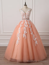 Gorgeous Coral Tulle High Quality V-neck Lace Appliques Beads Party Dress, Long Formal Dress