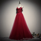 Gorgeous Dark Red Straps Tulle Long Party Dress, A-line Formal Dress