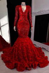 Gorgeous Long Sleeves Sequins Prom Dresses Mermaid V-Neck With Flowers Bottom