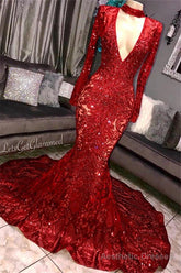 Gorgeous Mermaid Long Sleevess Deep V-neck Lace Applique Prom Dresses