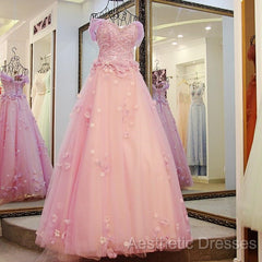 Gorgeous Pink Flowers Off Shoulder Party Dresses, Pink Formal Dresses Ball Gown Formal Dresses
