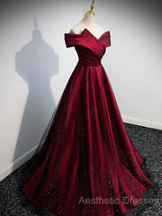 Gorgeous Wine Red Satin Off Shoulder Party Dresses , Beautiful Wine Red Evening Prom Dresses
