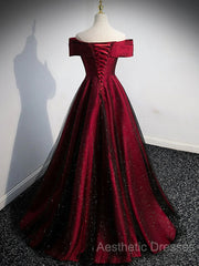 Gorgeous Wine Red Satin Off Shoulder Party Dresses , Beautiful Wine Red Evening Prom Dresses
