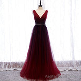 Gradient Beaded Wine Red Tulle Long Party Dress, A-line Wine Red Prom Formal Dresses