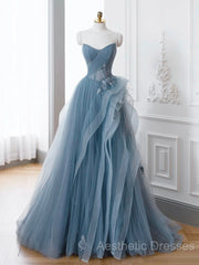 Gray Blue Tulle Lace Long Evening Prom Dresses, Gray Blue Formal Dresses