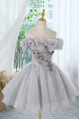 Gray Scoop Neckline Tulle Sequins Short Evening Prom Dresses, A-Line Off The Shoulder Evening Party Dresses