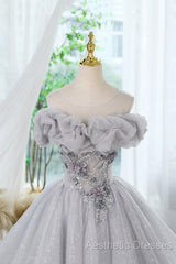 Gray Scoop Neckline Tulle Sequins Short Evening Prom Dresses, A-Line Off The Shoulder Evening Party Dresses