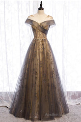 Gray Scoop Tulle Sequins Long Prom Dress, A-Line Evening Party Dress